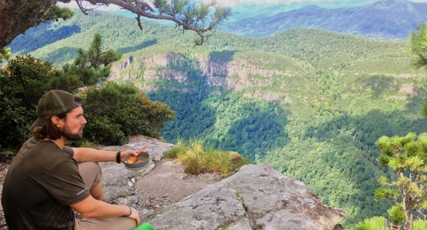 A person sits on a rocky overlook, looking out over the vast forested area below. 